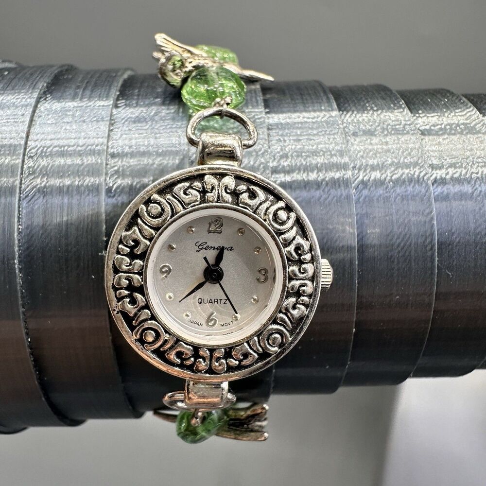 Green Glass Bead & Silver Hummingbird Bracelet WristWatch